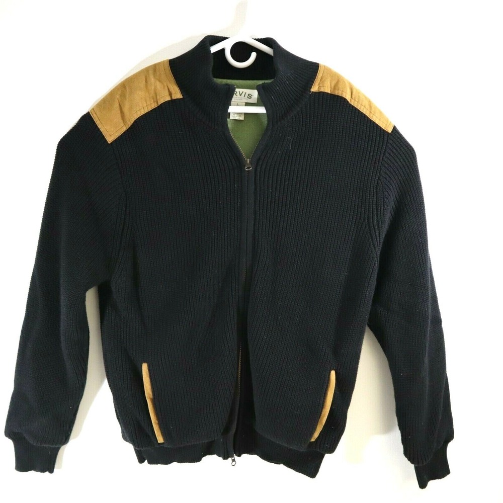 Orvis Men's Sweater Jacket Size L Knit Cotton Leather Shoulder Patch Full Zip